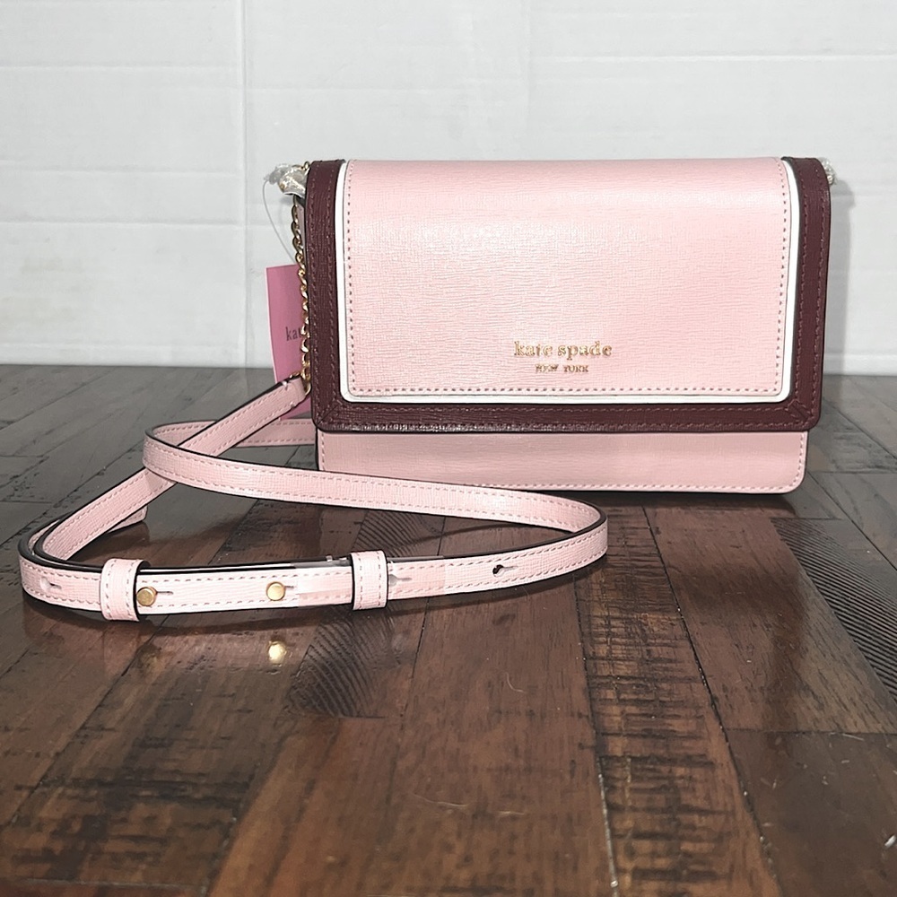 Kate Spade Crossbody Morgan dogwood colorblock saffiano peachy pink burgundy - Picture 3 of 13